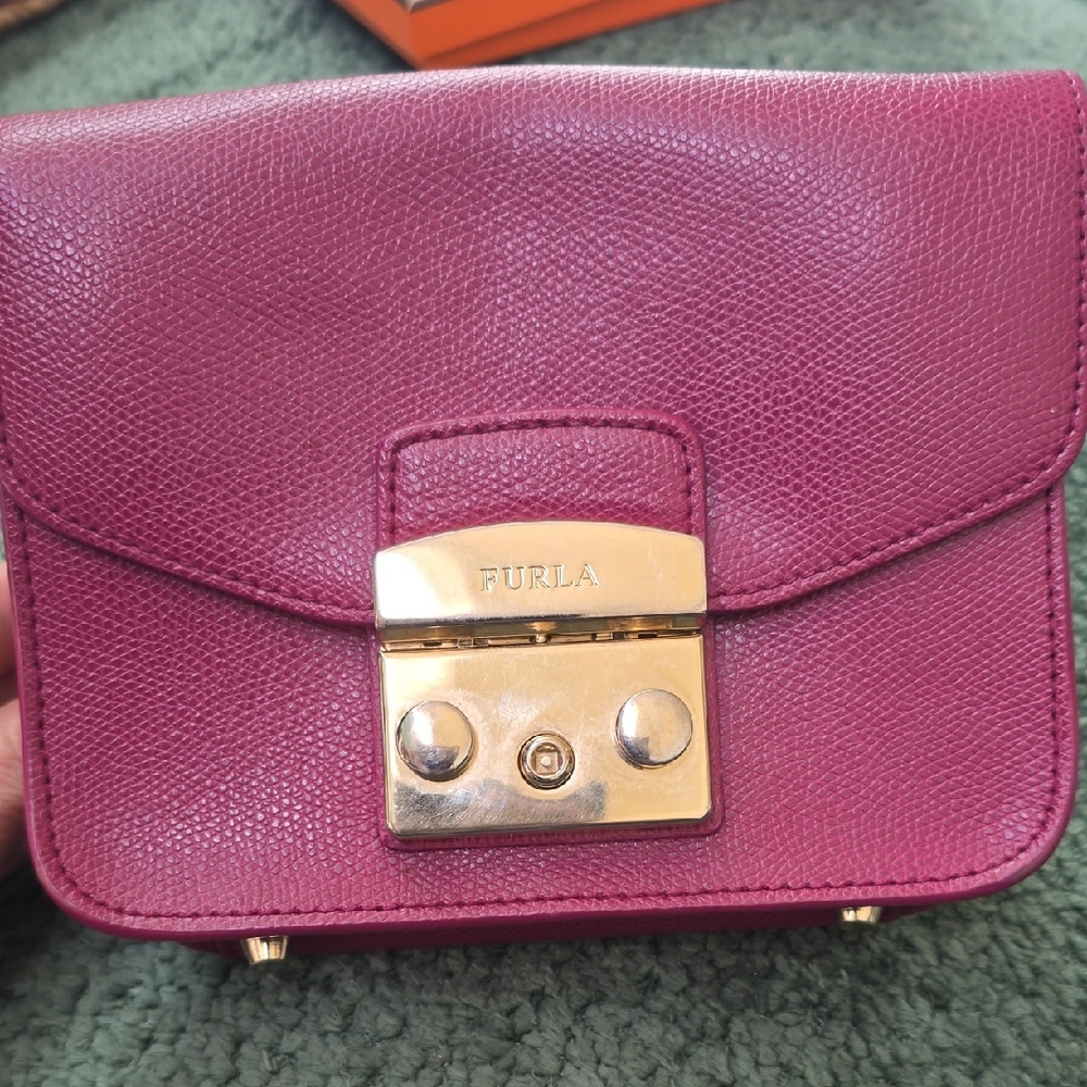 Furla fuchsia leather mini crossbody with gold hardware
